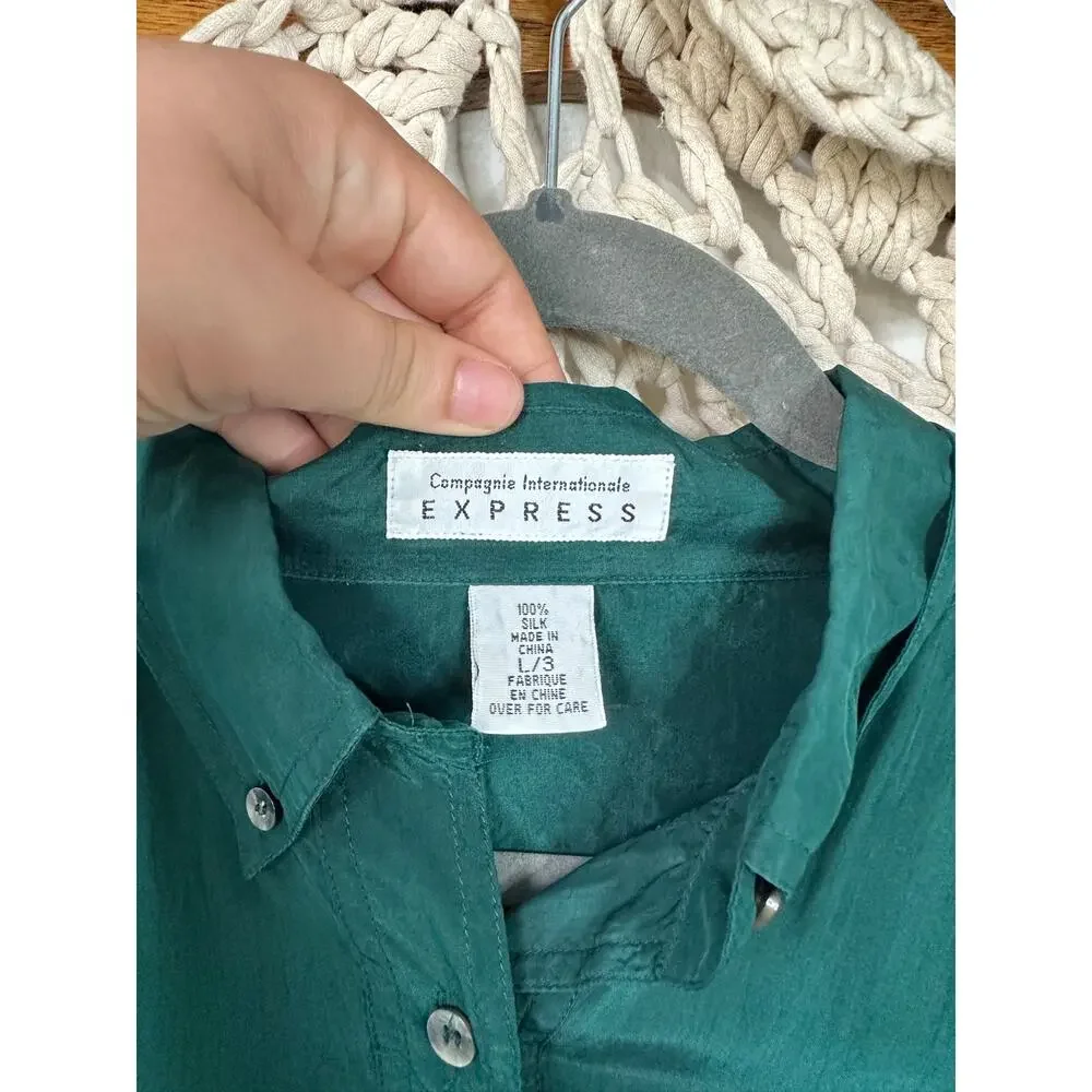 Express Vintage 90s Forest Green Silk Oversized Button Up Shirt Size Large